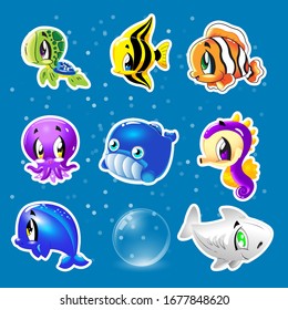 Set of various cartoon sea animals collection