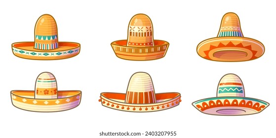 A set of various cartoon sombrero hats isolated on a white background.