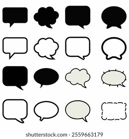 A set of various cartoon speech bubbles in black and white, including different shapes like squares, circles, and ovals, with some featuring different decorative styles.