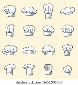 Set of various cartoon style chef hats displayed against a light beige backdrop.  The hats are simple line drawings with a slightly shadowed effect.