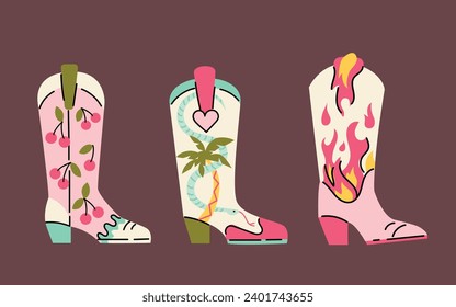 Set of various cartoon style trendy cowboy boots.
Groovy American western footwear. Vector funky illustration.