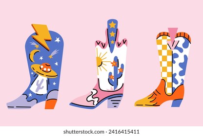 Set of various cartoon style trendy cowboy boots.
Groovy American western footwear. Vector funky illustration.