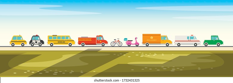 Set Of Various Cartoon Vehicles