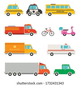 Set Of Various Cartoon Vehicles