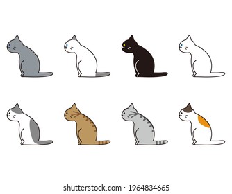 Set of various cat breeds seen from the side.