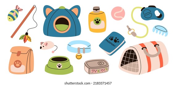 Set of various cats accessories, equipment. Food, toys, house, kitten collar, leash, mouse, pet carrier, animal shampoo, bowl. Pet shop supplies assortment. Domestic cat goods. Products for animals.