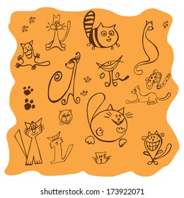 Set of various cats Drawings on the orange background