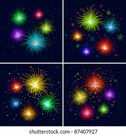 Set of various celebratory firework against black sky. Vector
