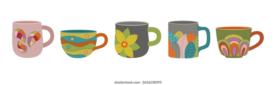 Conjunto de varias tazas de cerámica. Tazas lindas diferentes Formas con adornos coloridos. Platos para té y café. Ilustración vectorial de color dibujada a mano aislada en el fondo blanco, estilo plano de la historieta.