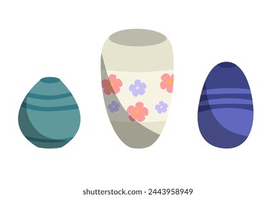 A set of various ceramic products, pottery. Pots and vases for flowers of various sizes and shapes. Interior items. Flat vector cartoon illustration isolated on a white background