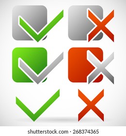 Set of various check mark and cross symbols. Tick and cross cut in squares.