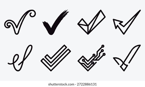 Conjunto de varios iconos de marca de verificación y tick en diferentes estilos y diseños para su uso en medios digitales e impresos