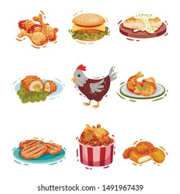 Set of various chicken dishes. Vector illustration on a white background.