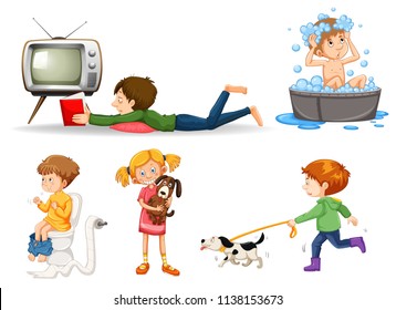 Set of various children doing activities illustration