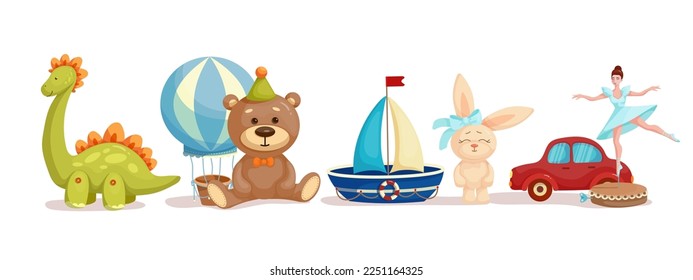 Set of various children's toys. Cartoon vector graphics.