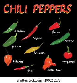 Set of various chili peppers on black background vector made from original drawing