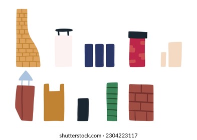 Set of various chimney pipes, hand drawn flat vector illustration isolated on white background. Fireplace element, rooftop pipe. Collection of cute brick pipes.