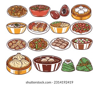 Conjunto de varias ilustraciones de comida china a mano