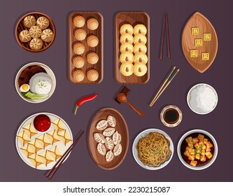 Set of various Chinese food. Vector illustration of Mapo Tofu, Baozi, Dim Sum, Almond cookies, chopsticks, rice, noodles, dumplings, potato sesamed balls isolated on purple.