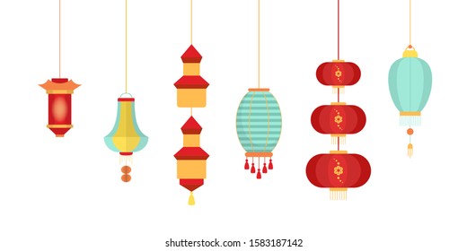Set of various Chinese lanterns of diffrent collors and shapes. Traditional Chinese New Year decoration with asian pattern. Festival decoration. Isolated flat vector illustration