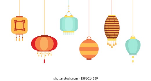 Set of various Chinese lanterns of diffrent collors and shapes. Traditional Chinese New Year decoration with asian pattern. Festival decoration. Isolated flat vector illustration