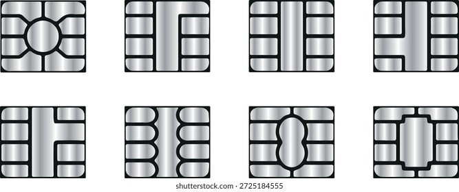 set of various chips for credit and other bank cards with a silver gradient, for mobile applications, websites or interface UX design