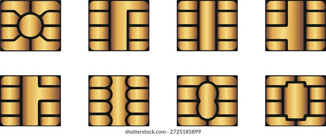 set of various chips for credit and other bank cards with a gold gradient, for mobile applications, websites or interface UX design