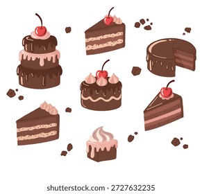 A set of various chocolate cake illustrations, including tiered cakes with cherries, slices with cream filling, and chocolate chunks.