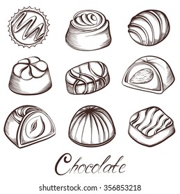 Set of various Chocolate candies. Hand drawn sketches vector illustration isolated on white background.