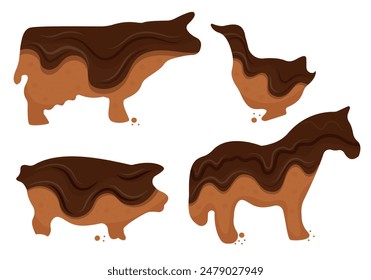 set of various chocolate covered gingerbread cookies in the shape of farm animals namely cow, piglet, horse and duck for world chocolate day, for designs, posters or banners