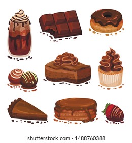 Set of various chocolate desserts. Vector illustration on a white background.