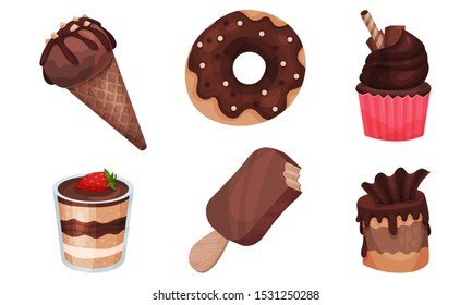 Set of various chocolate desserts. Vector illustration.