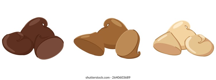Set of various chocolate drops compositions. Vector cartoon dessert collection with dark, milk and white chocolate chips for food design, baking visuals, menu decoration, candy packaging, digital icon