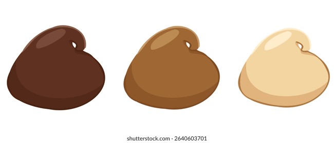Set of various chocolate drops. Vector cartoon dessert collection with dark, milk and white chocolate chips for food design, baking visuals, menu decoration, candy packaging, digital icons