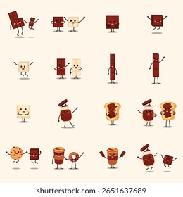 Set of various chocolate and other sweet food items depicted as cartoon characters with expressive faces and body language.  The characters are in different poses and groupings, showcasing a fun 