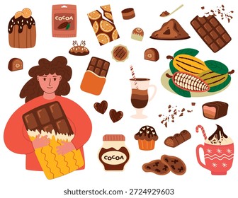 Conjunto de vários chocolates, doces à base de cacau e chocolate quente. Ilustração vetorial de uma jovem segurando uma barra de chocolate desembrulhada. Produtos feitos de grãos de cacau.