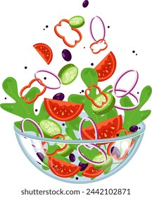 Set of Various chopped fresh vegetables falling into a transparent glass bowl on a transparent background. Making salads, raw food diet, low calorie foods, vegetarian food concept.