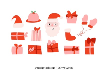 Set of various christmas elements, gift boxes and santa claus. Vector flat modern illustration. Holiday geometric objects