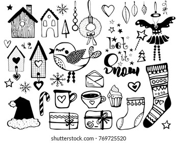 A set of various Christmas elements in a hand-drawn style. A beautiful black and white set. Invitations, tags, stickers, cards, seamless patterns, notes, labels, stamps, inscriptions and stencils.
