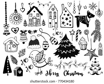 A set of various Christmas elements in a hand-drawn style. Black and white set with a Christmas tree and a dog. Invitations, tags, stickers, cards, seamless patterns, notes, labels, stamps, inscription