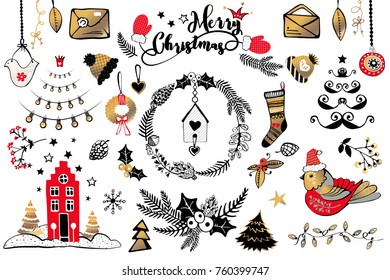 A set of various Christmas elements in the style of handmade. New Year decoration. Invitations, tags, stickers, cards, seamless patterns, notes, labels, stamps, inscriptions and texts