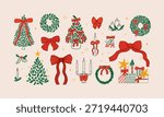 Set of various christmas elements: christmas tree, bows, fir wreath, candles and gift boxes. Vector hand drawn illustration in vintage style