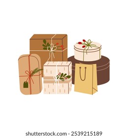 Set of various Christmas gift boxes. Flat illustration isolated on white background.	