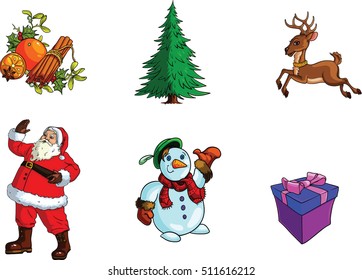 Set of various Christmas items .Snowman, Decor mistletoe with  cinnamon, jumping deer,cartoon Santa Claus , present box,evergreen Christmas tree.  Vector illustration