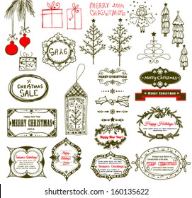 Set of various Christmas related objects- branch with baubles, gifts, trees, angel, tags and labels