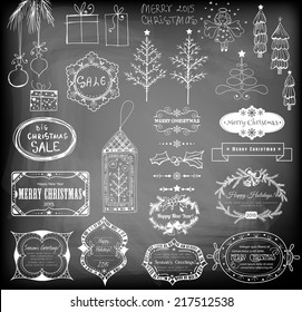 Set of various Christmas related objects- branch with baubles, gifts, trees, angel, tags and labels on chalkboard background. Vector illustration contains gradient meshes.