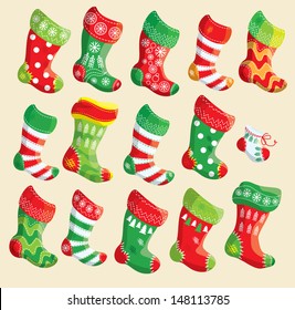 Set of various Christmas stockings. Elements for X-mas and New Year design.