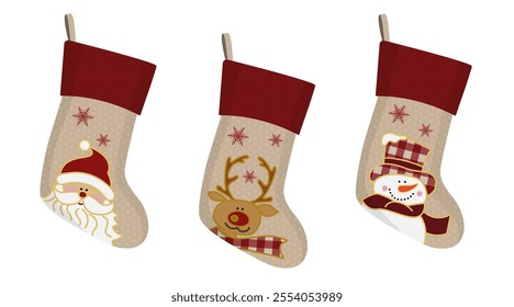 Set of various Christmas stockings with holiday characters. Clipping masks applied.