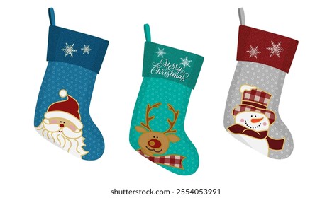 Set of various Christmas stockings with holiday characters. Clipping masks applied.