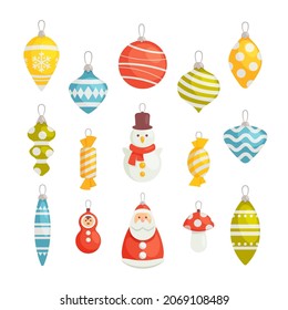 Set of Various Christmas Tree Decoration, Isolated Xmas Baubles and Toys Glass Santa Claus, Snowman, Candy and Colored Icicles Decorative Design Elements. Cartoon Vector Illustration, Icon, Clip Art